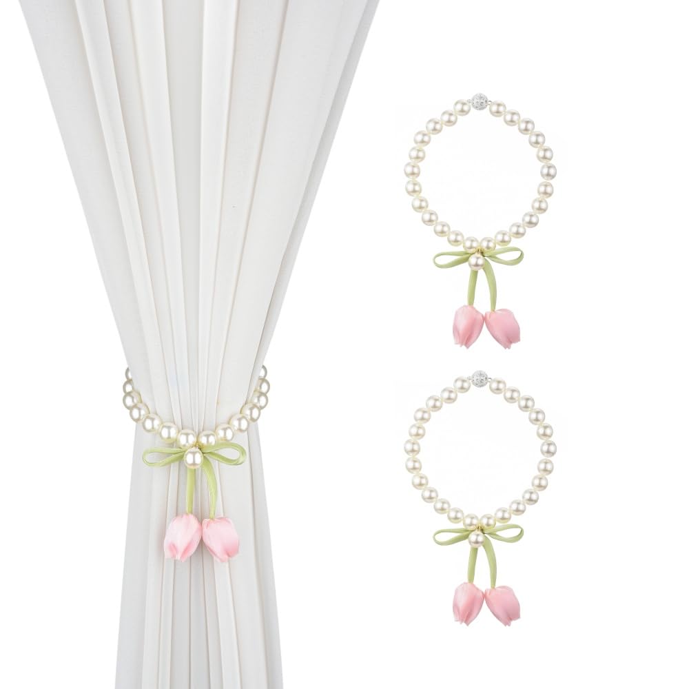 SUQ I OME 1 Pair of Handmade Tulip Flower Curtain Magnetic Tiebacks,Curtain Ties,Curtain Holdbacks for Home Office Decoration,Pink