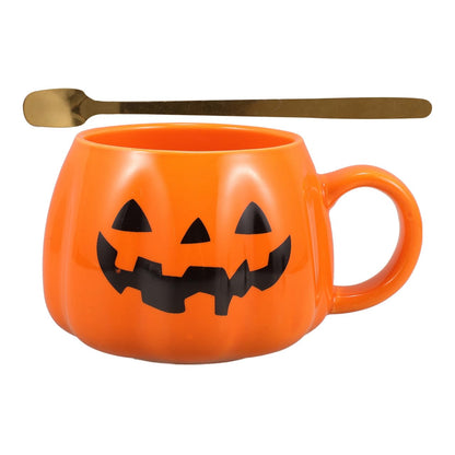 Healifty Halloween Pumpkin Mug with Spoon 12 Oz Ceramic Coffee Cup Pumpkin Shape for Home Office Tea Juice Milk Water