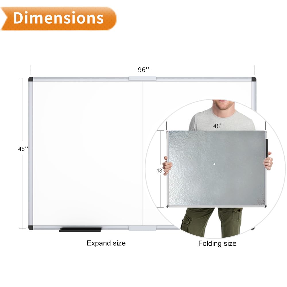 VIZ-PRO Magnetic Dry Erase Board, 96 X 48 Inches, Foldable Wall-Mounted Whiteboard with Silver Aluminum Frame & Marker Tray for School Office and Home 8' X 4'