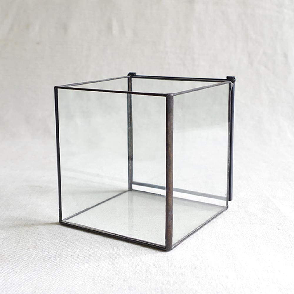 Small Square Glass Terrarium with Lid,Geometric Clear Box for Indoor Plants,Black Little Handmade Planter Pot for Succulents,Moss and Air Plant Fern,Home Garden Decor,4.3 x 4.3 x 4.7inch