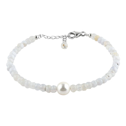 CRYSTALIS Natural Blue Lace Agate Beads Adjustable Bracelet with Elegant Pearl, High Grade Gemstones, Chakra Healing Stones, Gift Giving Jewelry, 925 Sterling Silver Womens Bracelet 8 inch