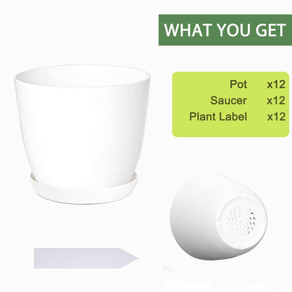SwinDuck Plant Pots, 12 Pack 6 inch Modern Plastic Planters with Drainage Holes and Saucers for Indoor Outdoor Plants and Flowers, White