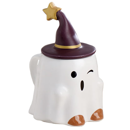 J.Ehonace Spooky Ghost Ceramic Coffee Mug 16oz – Adorable Halloween Design with Witch Hat & Stars – Microwave/Dishwasher Safe – Festive Home Decor & Holiday Coffee Cup