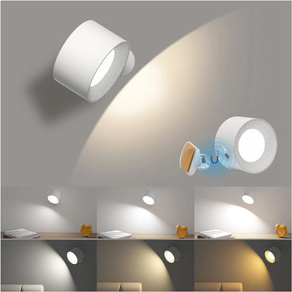 Battery Operated Wall Light, LED Lamp with 360°Adjustable Lighting Indoor Light 3 Color Modes Brightness Levels Touch Control, Mounted for Bedroom Reading Bedside-1Pack White