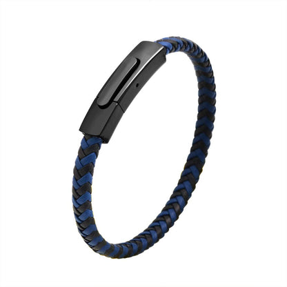 Geoffrey Beene Men's Braided Genuine Leather Fashion Bangle Bracelet with Stainless Steel Clasp (Blue)