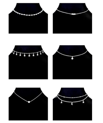 Ofeiyaa 12pcs Chain Gold Bead Necklace Coin Moon Star Pearl Pendant Chain Choker Multilayer Necklace Leather Cord Set for Women Men Adjustable Tone