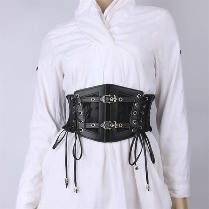 Sup-Coente Goth Black Wide Waist Belt Women Leather Elastic Stretch Corset Belt Gothic Punk Victorian Pirate Alt Emo Fashion