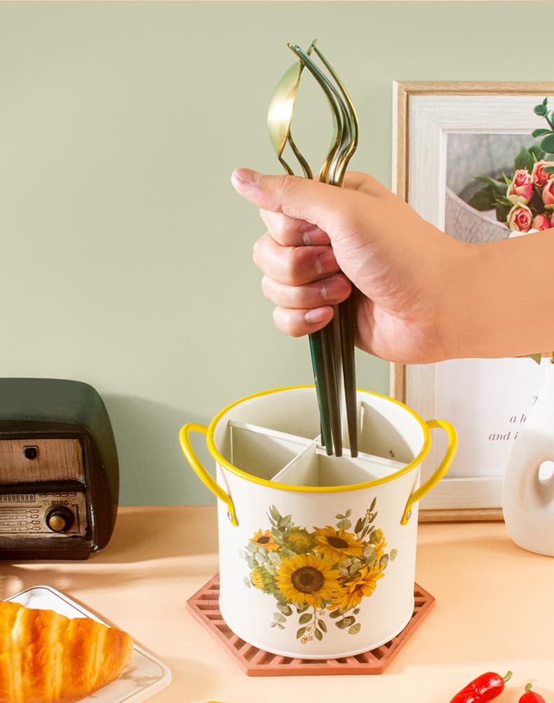 Metal Utensil Holder,Sunflower 4 Compartments Organizer Utensil Crock