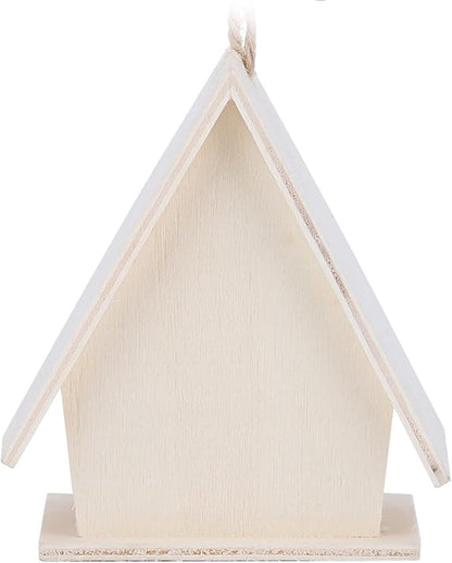 4Pcs Unfinished Wooden Bird House, Hanging Birdhouse for Outside Wood Bird Nests Box with Pole Creative Unpainted DIY Crafts Bird Houses for Garden Courtyard Decor
