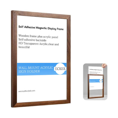 ECKEK Wall Mount Acrylic Sign Holder Self Adhesive Magnetic Display Frame Clear Document Frame for Office, Store, School, Home, Wall Picture Frame (Walnut A4 210×297mm/8.27×11.69inches)