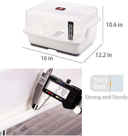 Tomorotec Medium Size Dish Drying Rack and Drain Board with Lid Cover, 16" x 12.2" x 10.6" Nursing Bottle Holder, Kitchen Plate Cup Tray Cutlery Drainer