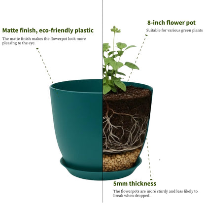 Vanslogreen Plant Pots 8 Inch Set of 6, Flower Pots with Drainage Holes and Saucer, Plastic Garden Planters for Indoor & Outdoor Plants (Deep Green)