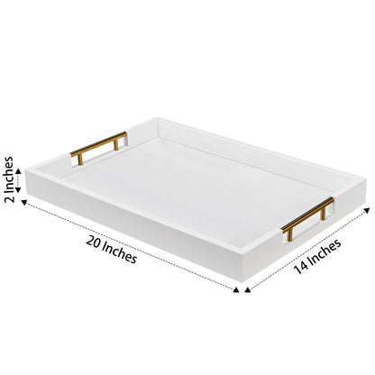 14x20 Inches White Faux Leather Wrapped Wood Serving Tray with Metal Handles for Various Occasions, Ottoman, Home Decor Decorative, Living Room, Coffee Table Organizer, Serving Breakfast On Bed