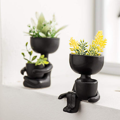 DIYOMR Humanoid Ceramic Flower Pot Succulent Cactus Bonsai Planter Pots Container, Ceramic Crafts Vase Home Office Decoration Desk Window Sill Decor,Not Include Plants (Black-B)