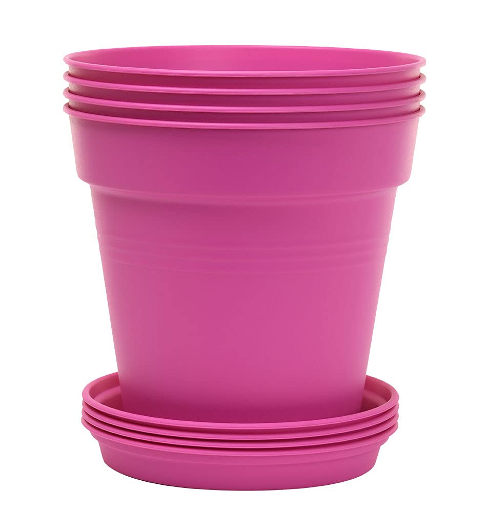 Mintra Garden Pots, 4 Pack Bulk Plastic Plant Pots with Drainage Tray, Round Indoor & Outdoor Decorative Planters with Drain Holes for Flowers, Herbs & Plants, 19cm Diameter – Fuchsia, 7.5in Wide