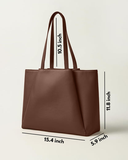 Work Tote Bags for Women 15.6 Inch - Laptop Tote Bag with Zip Compartments - Large PU Leather Office Purse Computer Briefcase - Chocolate Brown
