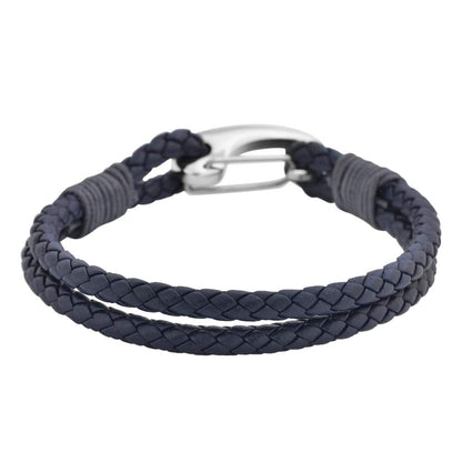 Edforce Braided Genuine Leather 2-Strand Cuff Bracelet with Stainless Steel Clasp (Prussian Blue)