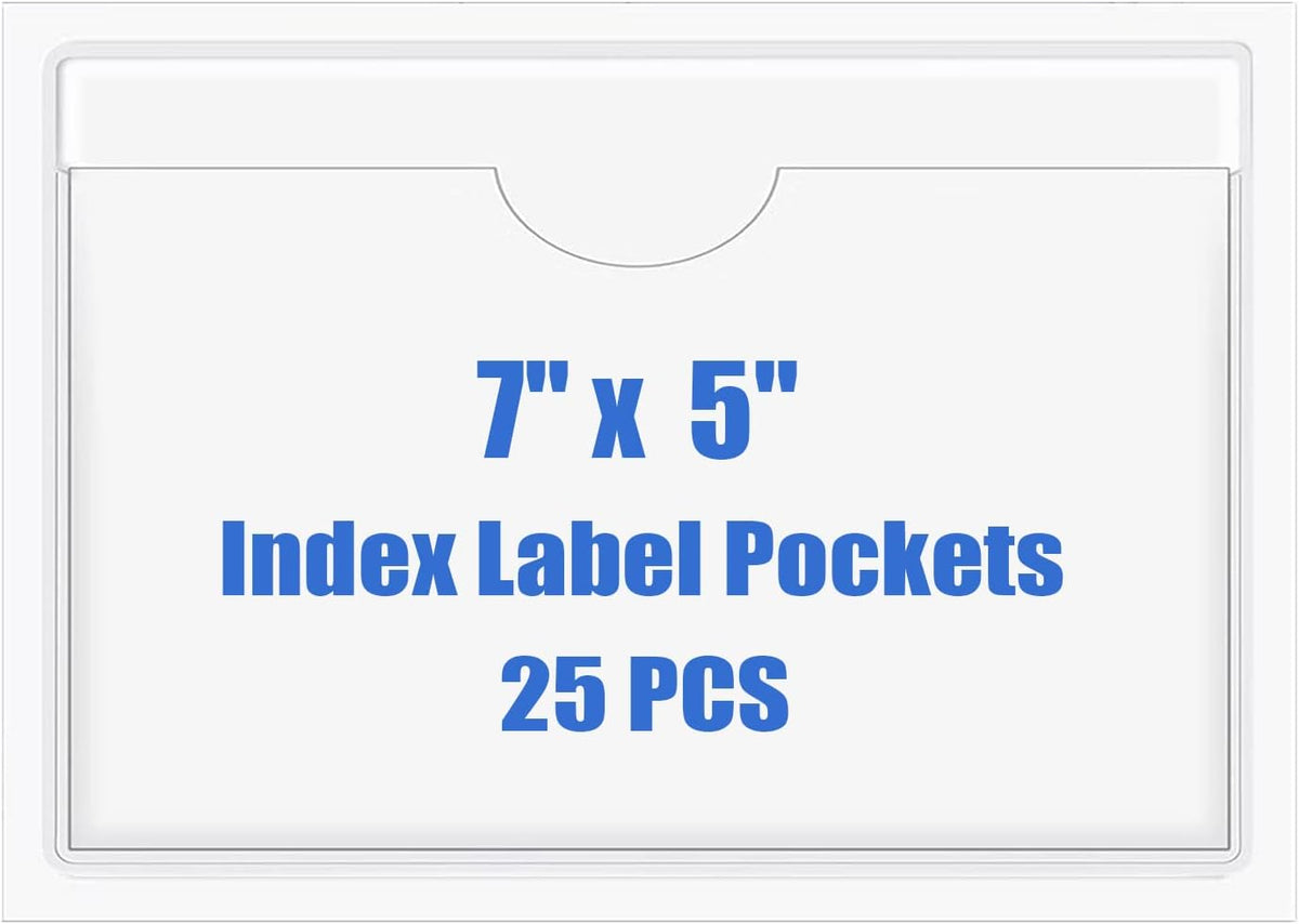 Origin-Joy 25 PCS Self-Adhesive Index Label Pockets, Clear Plastic Peel & Stick Card Holders with Top Open for Loading (7 x 5 inch)