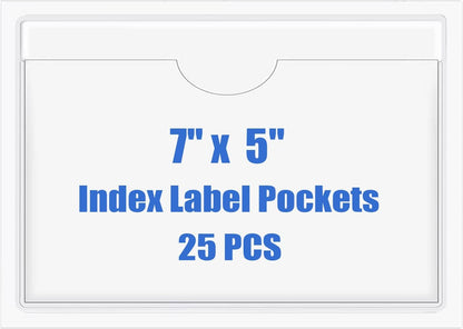 Origin-Joy 25 PCS Self-Adhesive Index Label Pockets, Clear Plastic Peel & Stick Card Holders with Top Open for Loading (7 x 5 inch)