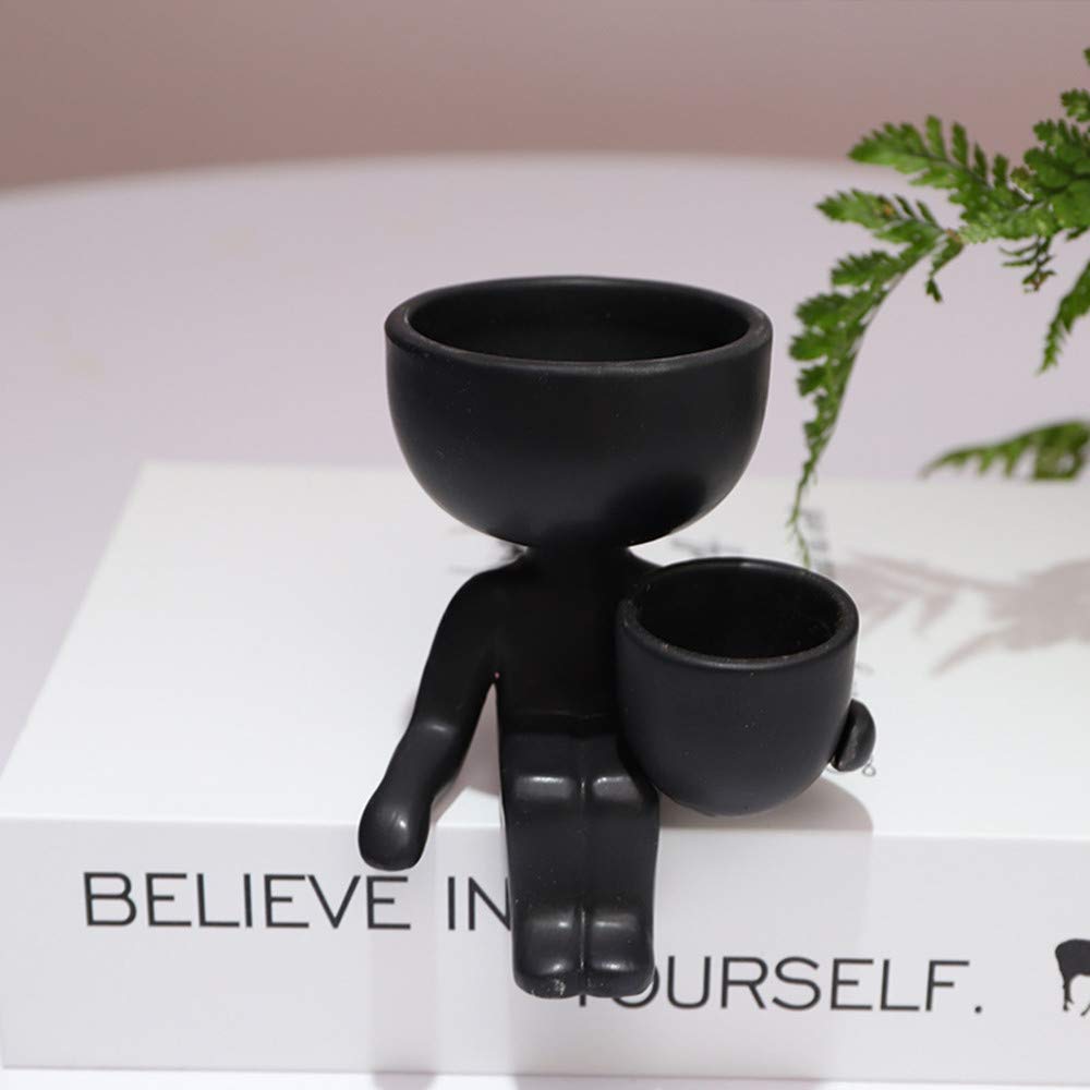 DIYOMR Humanoid Ceramic Flower Pot Succulent Cactus Bonsai Planter Pots Container, Ceramic Crafts Vase Home Office Decoration Desk Window Sill Decor,Not Include Plants (Black-B)