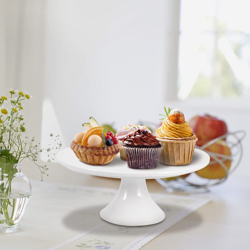 Ceramic Cake Stand, Fits Cakes Up to 8 in, Round White Dessert Pedestal for Cupcakes Cookies Pastries Fruit Display, 1 Pack