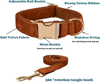 Love Dream Velvet Dog Collar and Leash Set, Soft & Comfy Adjustable Dog Leash and Collar with Heavy Duty Metal Buckle for Small Medium Large Dogs Training & Walking (Small, Copper Red)