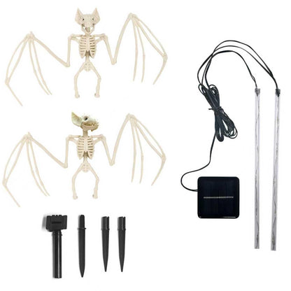 Solar Halloween Decorations Outdoor - 2 Pack 3D Scary Bat & Skeleton Lights, Waterproof LED Solar Garden Lights for Pathway, Lawn, Yard, Patio - Spooky Purple Lighting for Outdoor Holiday Decor