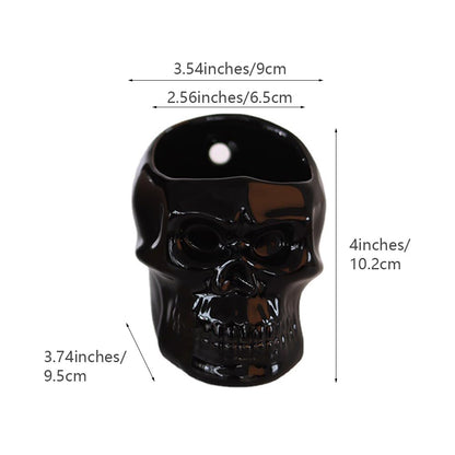 Vitbunana Skull-Shaped Toothbrush Holder, Skull Ceramic Small Storage Tube, Skull Pen Holder, Skull Succulent Flower Pot, Creative Decoration, Wall-Mounted Small Storage Tube (Black Skull)