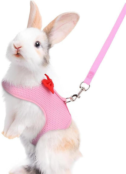 Pink Rabbit Harness and Leash Set, with Cute Bow Soft Breathable Mesh Bunny Vest Harness for Rabbits Kitten Ferret Puppy Small Pets Walking, M