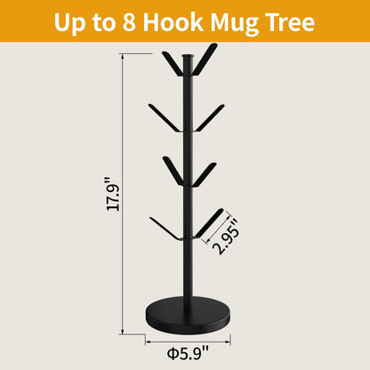 HUILAIXIAN Stainless Steel Mug Holder Tree, Updated Thick Coffee Cup Holder Base, Coffee Cups Stand Mug Holders with 8 Hooks for Countertop Cup Rack Organizer Stand (Black)