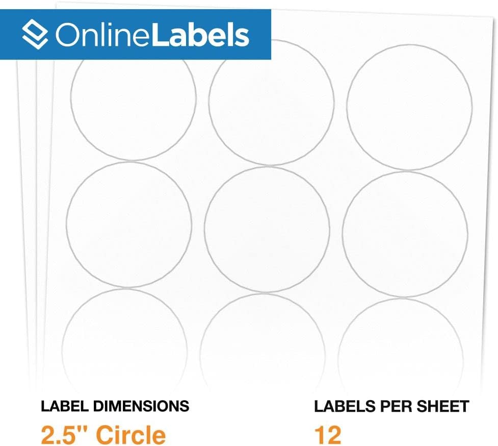 2.5" Round Labels - Permanent Adhesive, White Matte - Great for Candle and Jar Lids, Products, Favor Labels - Pack of 6,000 Circle Stickers, 500 Sheets - Inkjet/Laser Printers, OL350WX, OnlineLabels