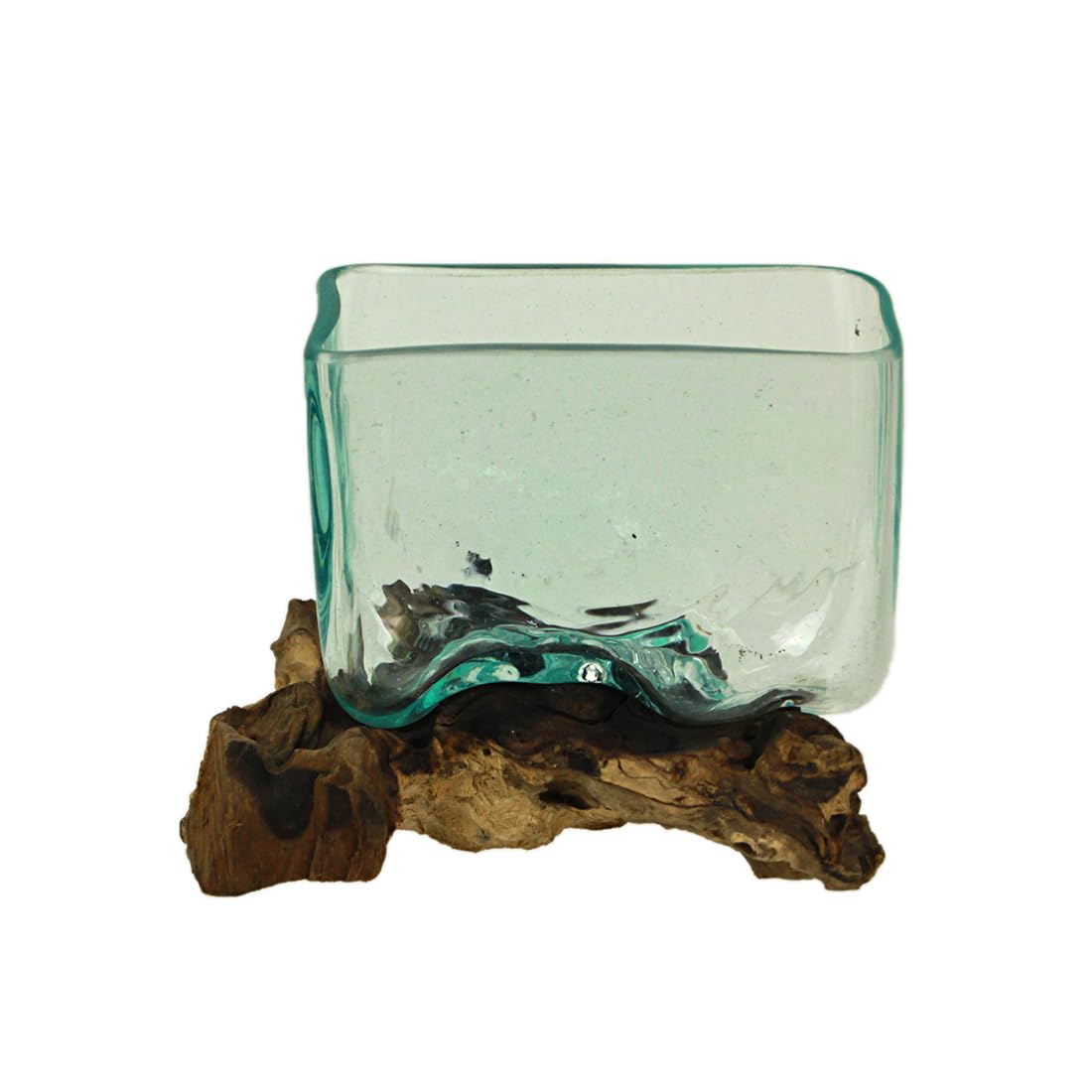 Melted Molten Glass on Teak Driftwood Rectangular Decorative Bowl, Vase, or Planter - Approximately 5.75 Inches High - Nature-Inspired Elegance for Home and Patio Terrarium