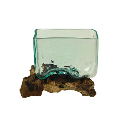 Melted Molten Glass on Teak Driftwood Rectangular Decorative Bowl, Vase, or Planter - Approximately 5.75 Inches High - Nature-Inspired Elegance for Home and Patio Terrarium
