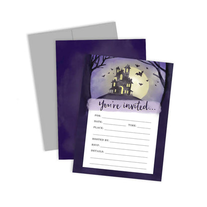 Palmer Street Press Halloween Party Invitations - Spooky House Set Of 12 Purple Toned Watercolor Invitations With Envelopes