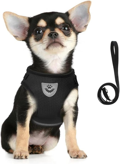 FEimaX Dog Harness and Leash Set for Walking, Soft Mesh Adjustable Easy Control Lightweight Cat Vest Harnesses with Reflective Strips, Escape Proof Small Dogs Cats Vests (Black, Medium)