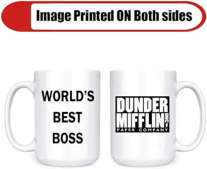 Dunder Mifflin (The Office) World's Best Boss TV Television Show Ceramic Mug Coffee (Tea, Cocoa) 15 OZ Mug, Official Michael Scott Mug As Seen On The Office