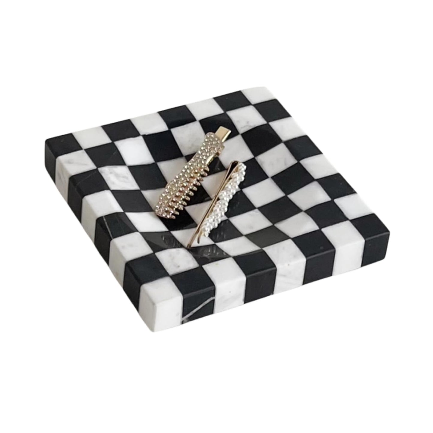 StonePlus Marble Stone Black and White Checkerboard Square Small Splicing Mosaic Tray Jewelry Dish (Black and White)