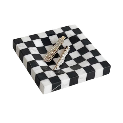 StonePlus Marble Stone Black and White Checkerboard Square Small Splicing Mosaic Tray Jewelry Dish (Black and White)