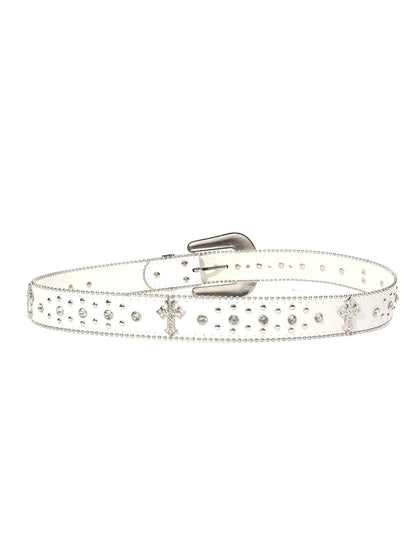 Strapvia Rhinestone Belt for Men & Women, Western Cowboy Cowgirl Belt with Bling Cross Design for Jeans (Full white, waist size 38"-41")