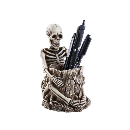 RURAUOGR Skull Pen Holder Resin Skeleton Key Holder Makeup Brush Holder Toothbrush Holder Halloween Home Office Storage Desk Supplies Halloween Decor (Style A)