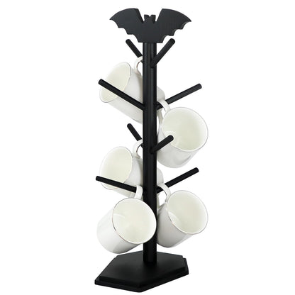 RSSCIIIUL Bat Mug Holder Tree - 8 Hooks Rack for Gothic Home Decor - Wood Mug Tree for Countertop - Cup Holder for Halloween Kitchen Organizer & Coffee Bar Accessories