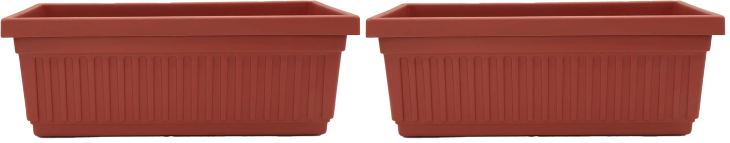 The HC Companies 18 Inch Venetian Rectangular Window Planter Box - Lightweight Plastic Indoor Outdoor Plant Pot with Drainage for Windowsill, Herbs, Flowers, Clay (Pack of 2)
