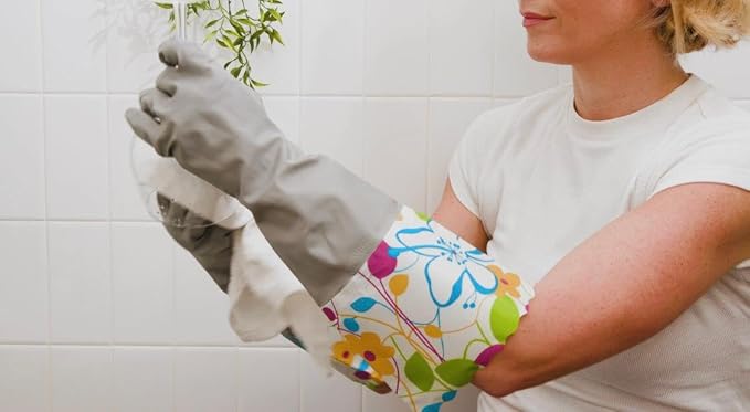 Household Gloves Latex Free Cleaning Grey and Yellow Gloves with Soft Lining Long Cuff 15" & Grip (2 Pair), Large