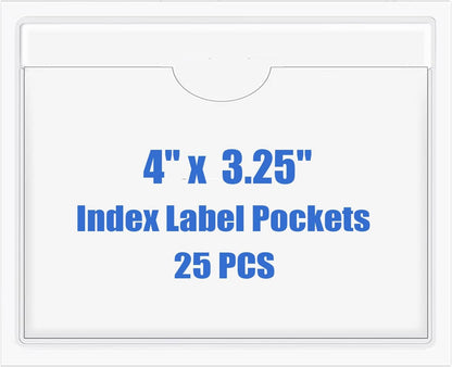 Origin-Joy 25 PCS Self-Adhesive Index Label Pockets, Clear Plastic Peel & Stick Card Holders with Top Open for Loading (4 x 3.25 inch)