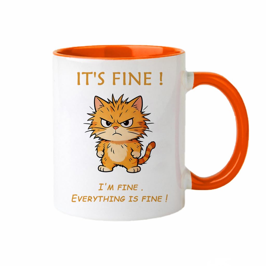 VintCraft Sarcastic Pet Lover Mug - 12oz Ceramic Double-Sided Design, Orange Interior, I'm Fine Everything Is Fine Phrase, Microwave & Dishwasher Safe, Comfort Grip