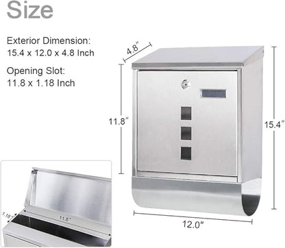 Jssmst Locking Wall Mount Mailbox, Stainless Steel Mailboxes with Secure Key Lock and Newspaper Compartment, HPB2203 Silver