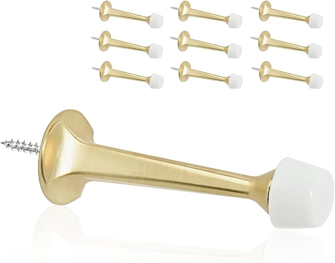 10 Pack Gold Solid Rigid Door Stops - Heavy Duty Door Stoppers Wall Protector with Soft Rubber Tips, Brushed Brass