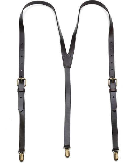 RC ROCKCOW Brown Leather Suspenders for Men Wedding Vintage Y Back Suspenders Tagger Snaps Wedding Party Best Groomsmen Gifts