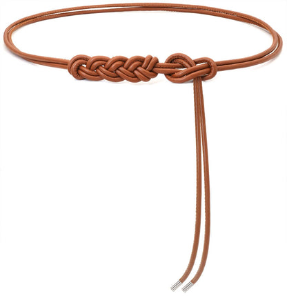 BAOKELAN Women Knot Thin Belts Skinny PU Leather Belts Boho Waist Belt for Dresses Brown 130CM