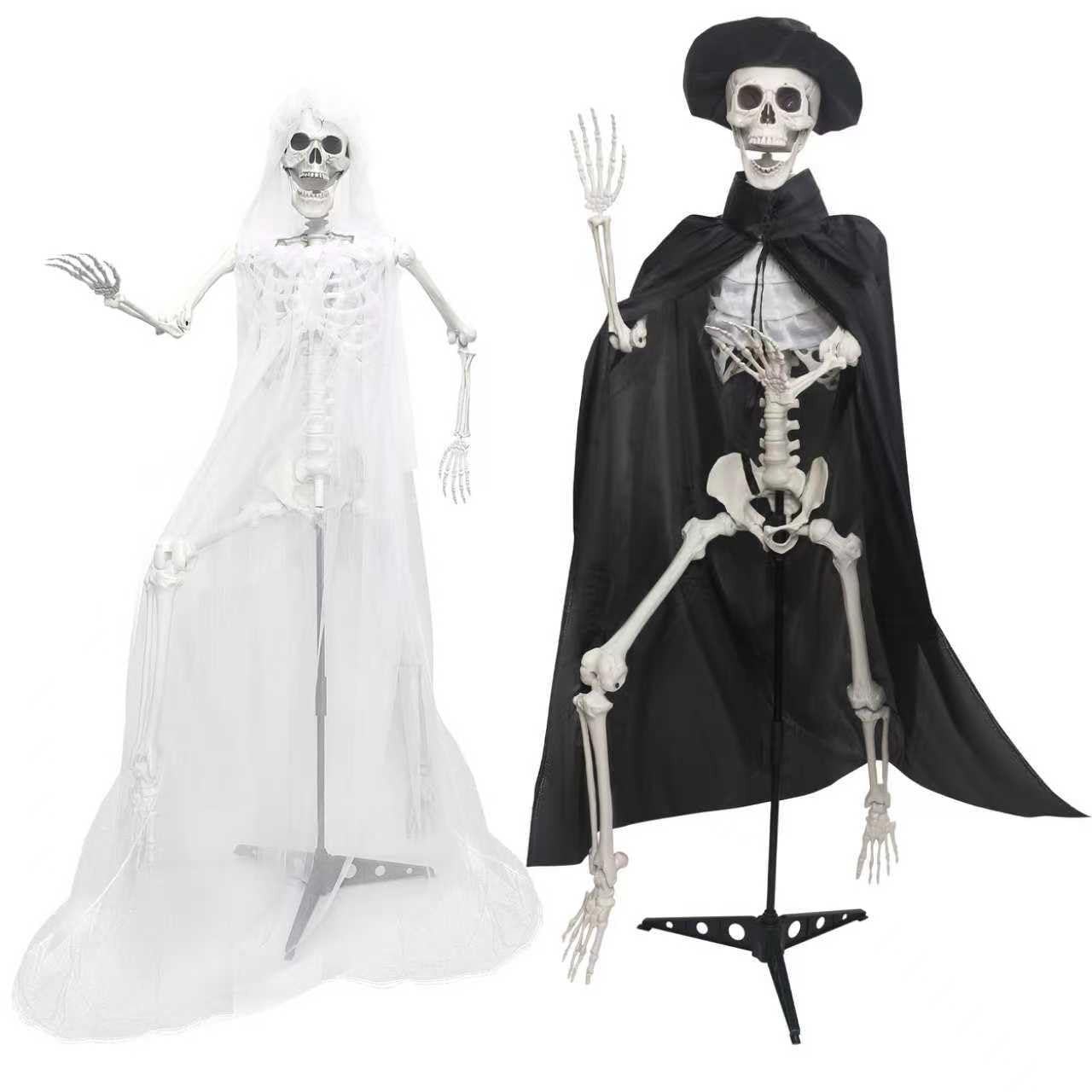 2PC 5.4Ft Life Size Skeletons with Stand Gothic Skeleton Bride and Groom Plastic Skeleton with Movable Joints for Halloween Party Haunted House Front Lawn Decoration